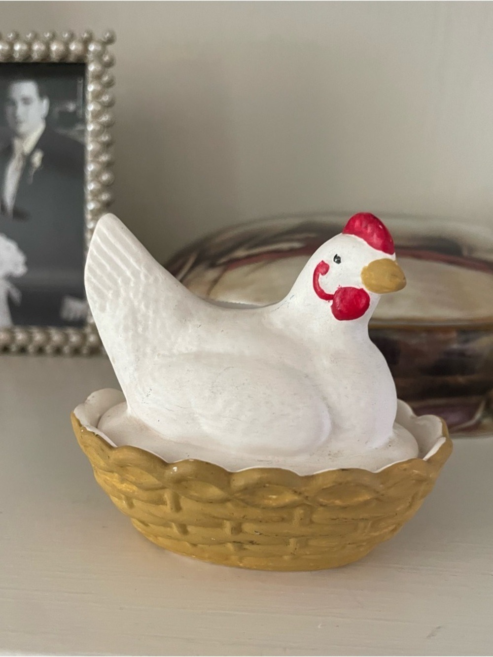 Miniature 3” Bisque Hen on Nest Vintage Farmhouse Decor - Unmarked